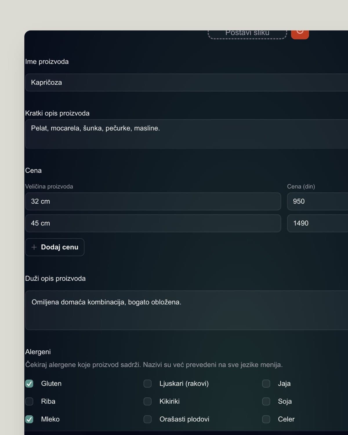 Editing an item price in the IzeshMenu editor, with two sizes and prices