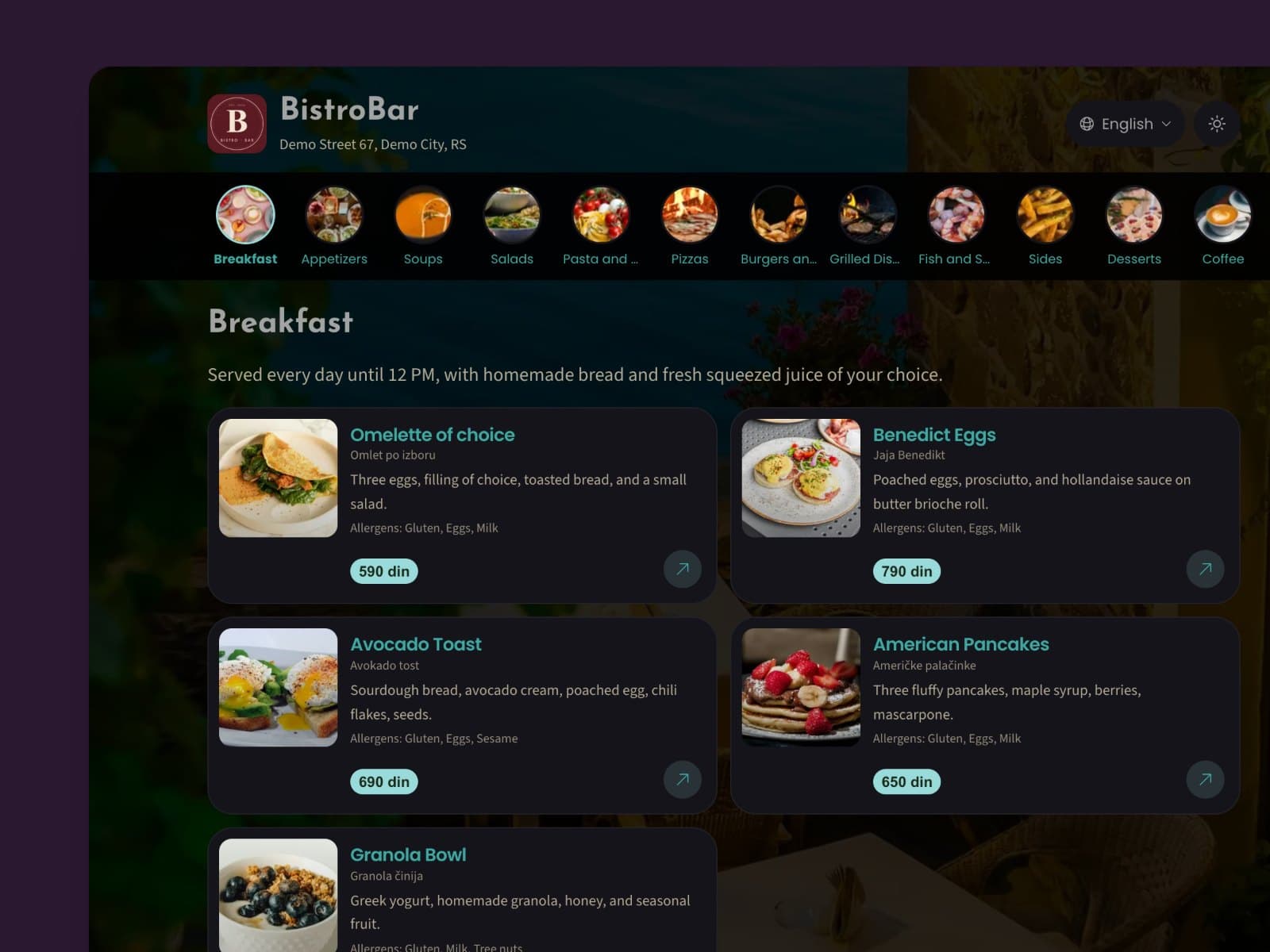 Digital menu of the BistroBar demo venue on a computer