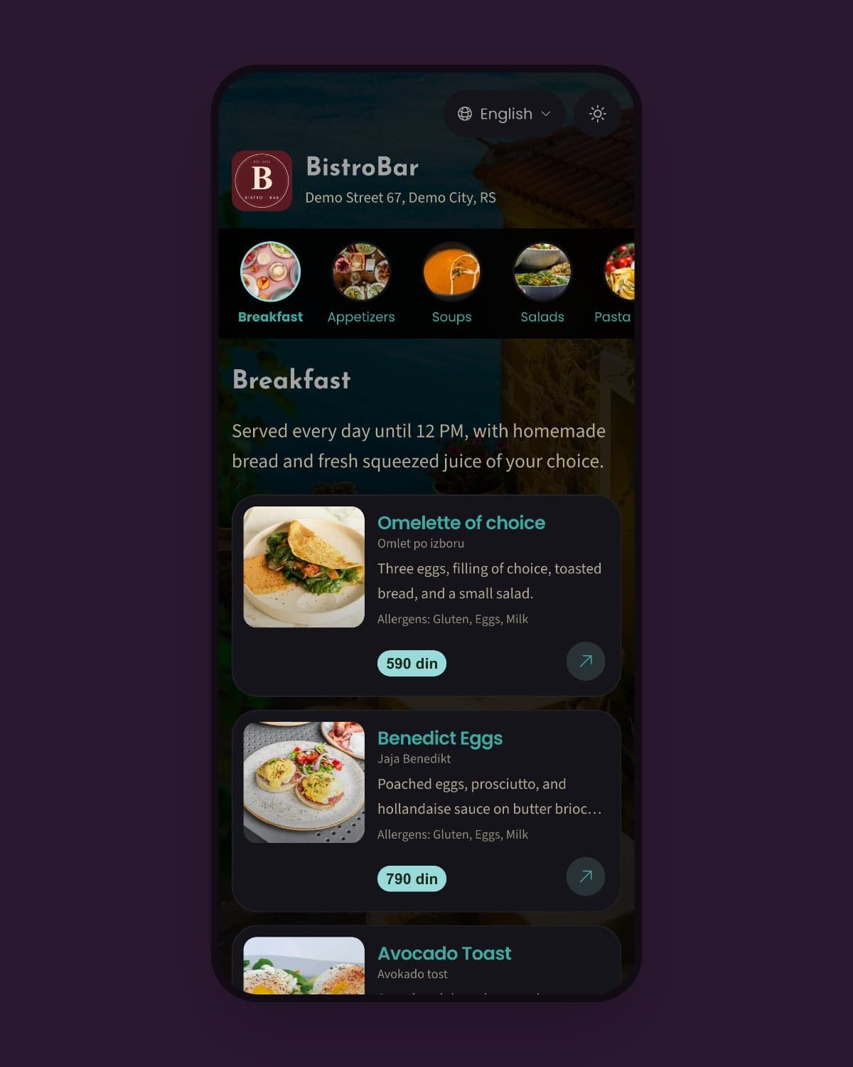 Digital menu of the BistroBar demo venue on a guest's phone