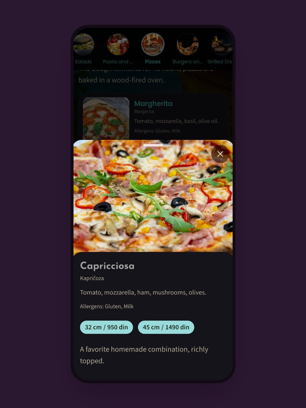 Dish detail on a phone: description, prices by size and allergens