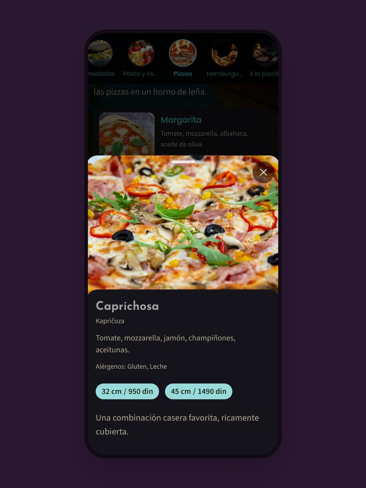 Detalle de un plato en el móvil: descripción, precios por tamaño y alérgenos