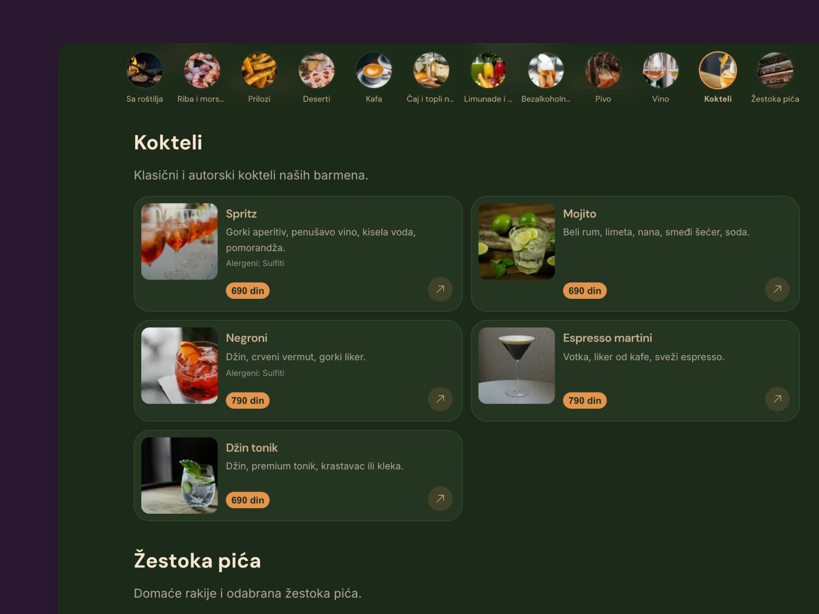 Koktel karta demo lokala BistroBar na računaru