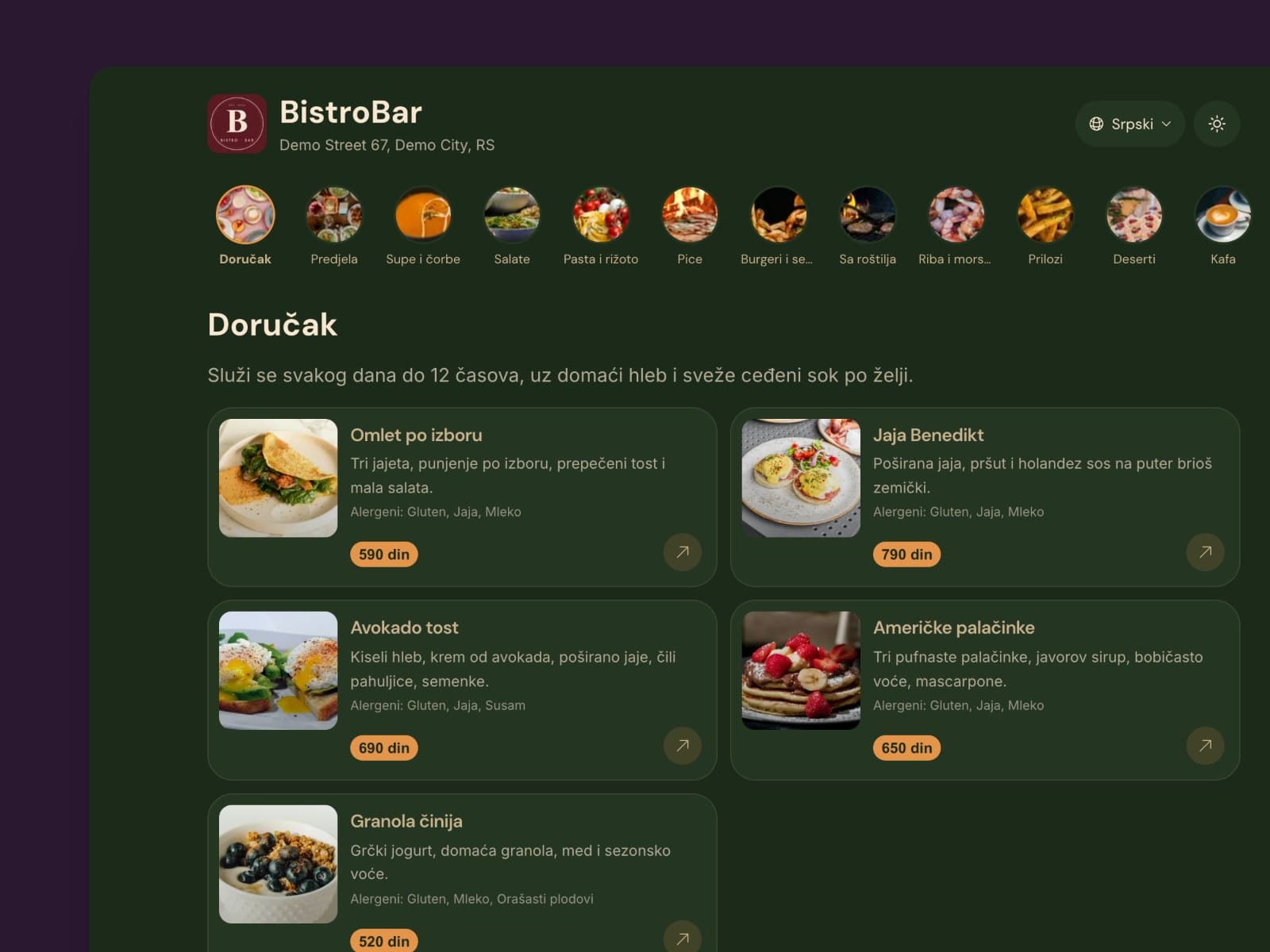 Digitalni meni demo lokala BistroBar na računaru