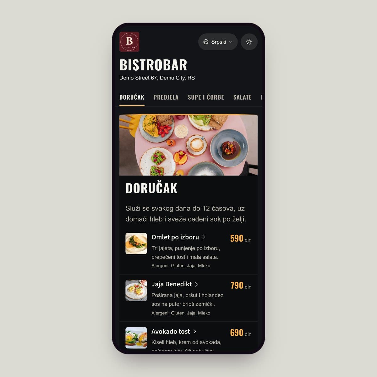 Digitalni meni u temi Gimny na telefonu