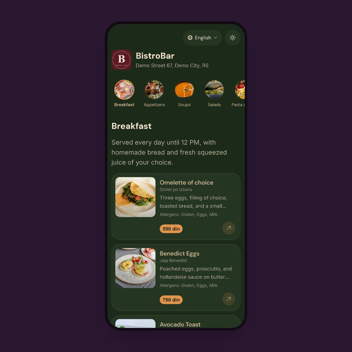 A translated menu on a visiting guest's phone