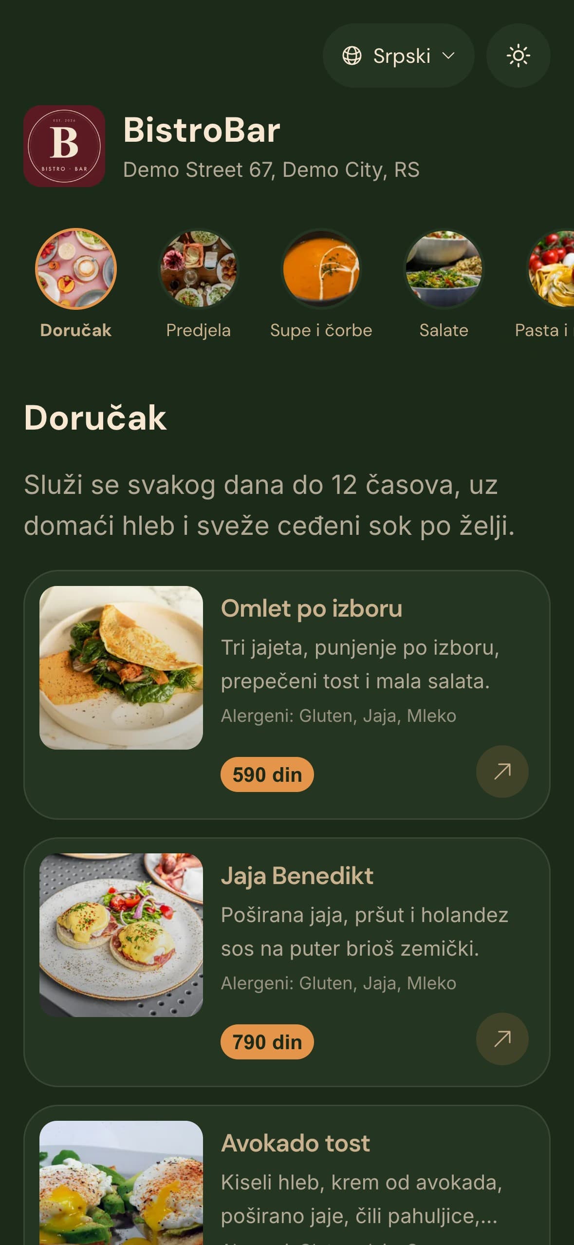 Digitalni meni demo lokala BistroBar na telefonu: kategorija Doručak sa slikama, cenama i alergenima