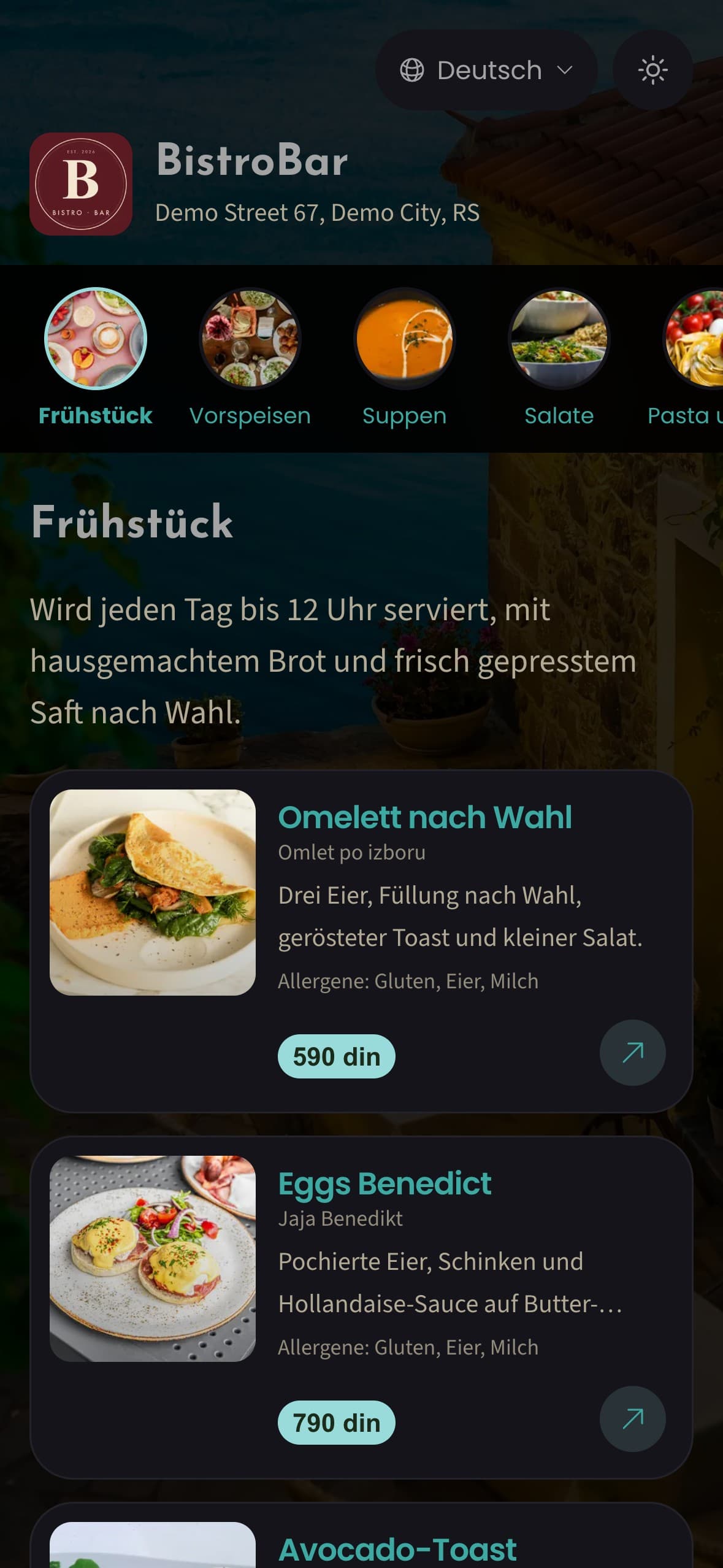 Digitale Speisekarte des Demo-Lokals BistroBar auf dem Smartphone: Kategorie Frühstück mit Fotos, Preisen und Allergenen