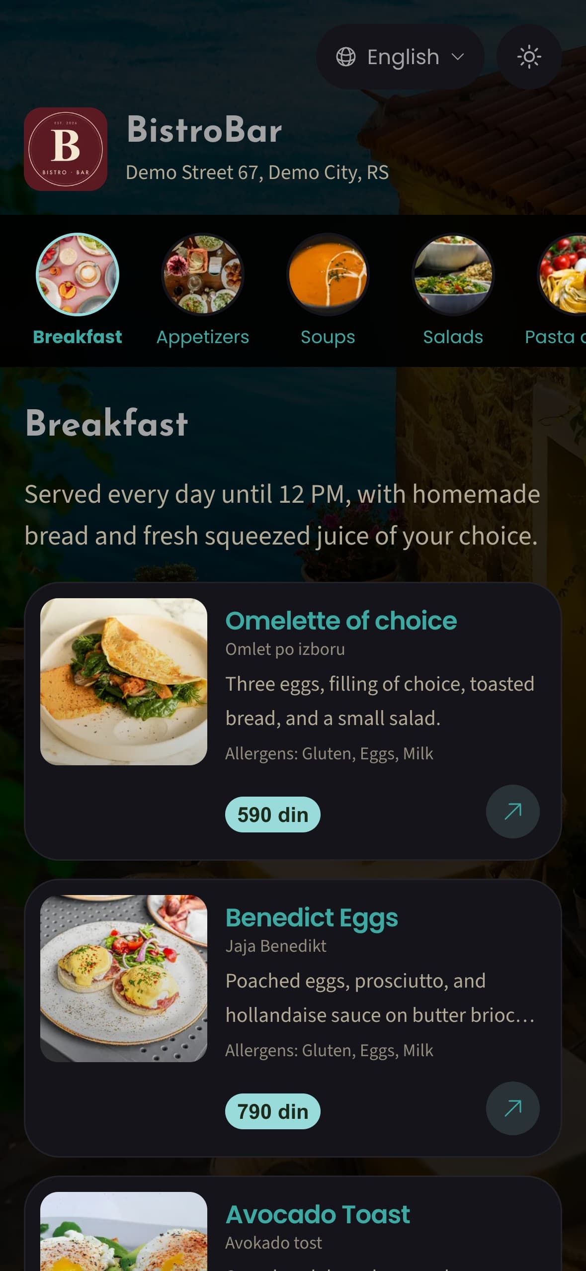 Digital menu of the BistroBar demo venue on a phone: Breakfast category with photos, prices and allergens