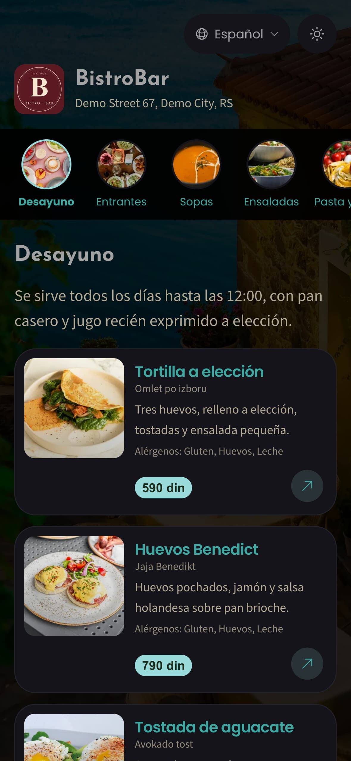 Carta digital del local de demostración BistroBar en un móvil: categoría Desayuno con fotos, precios y alérgenos