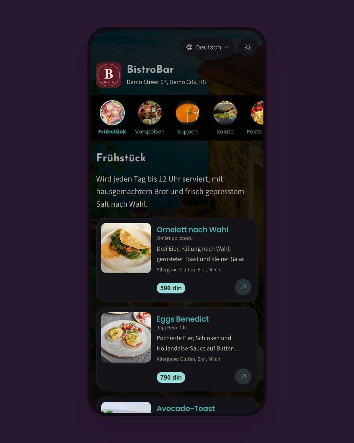 Digitale Speisekarte des Demo-Lokals BistroBar auf dem Smartphone eines Gastes