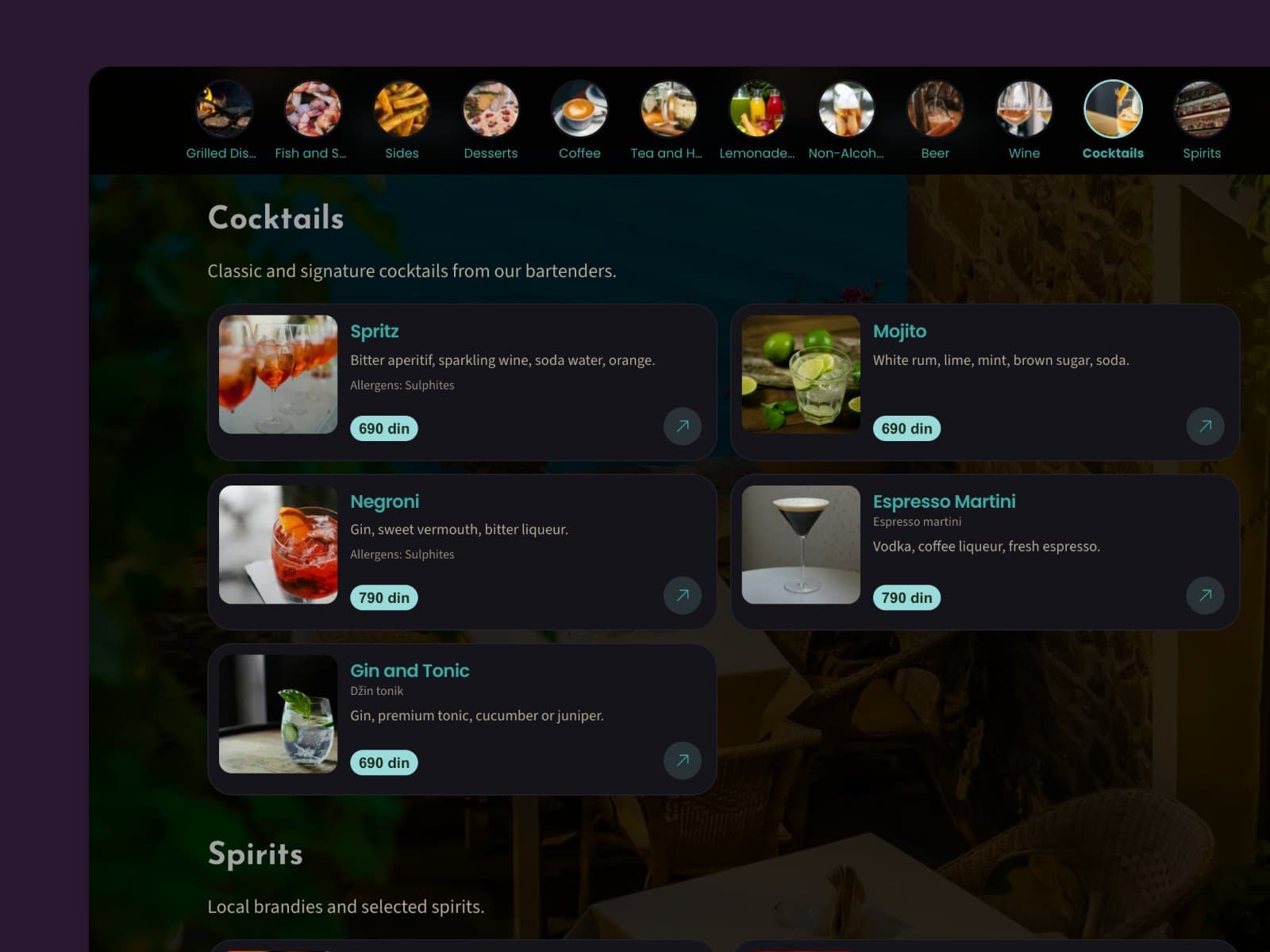Cocktail menu of the BistroBar demo venue on a desktop computer