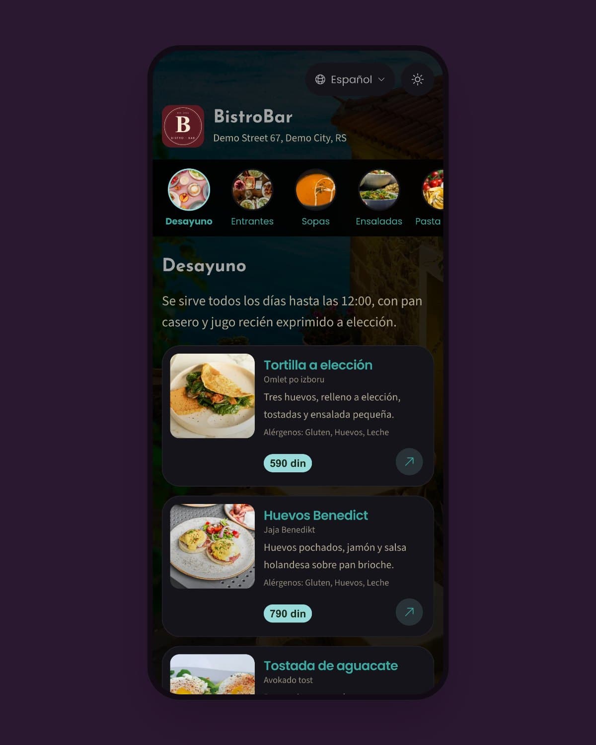 Carta digital del local de demostración BistroBar en el móvil de un cliente