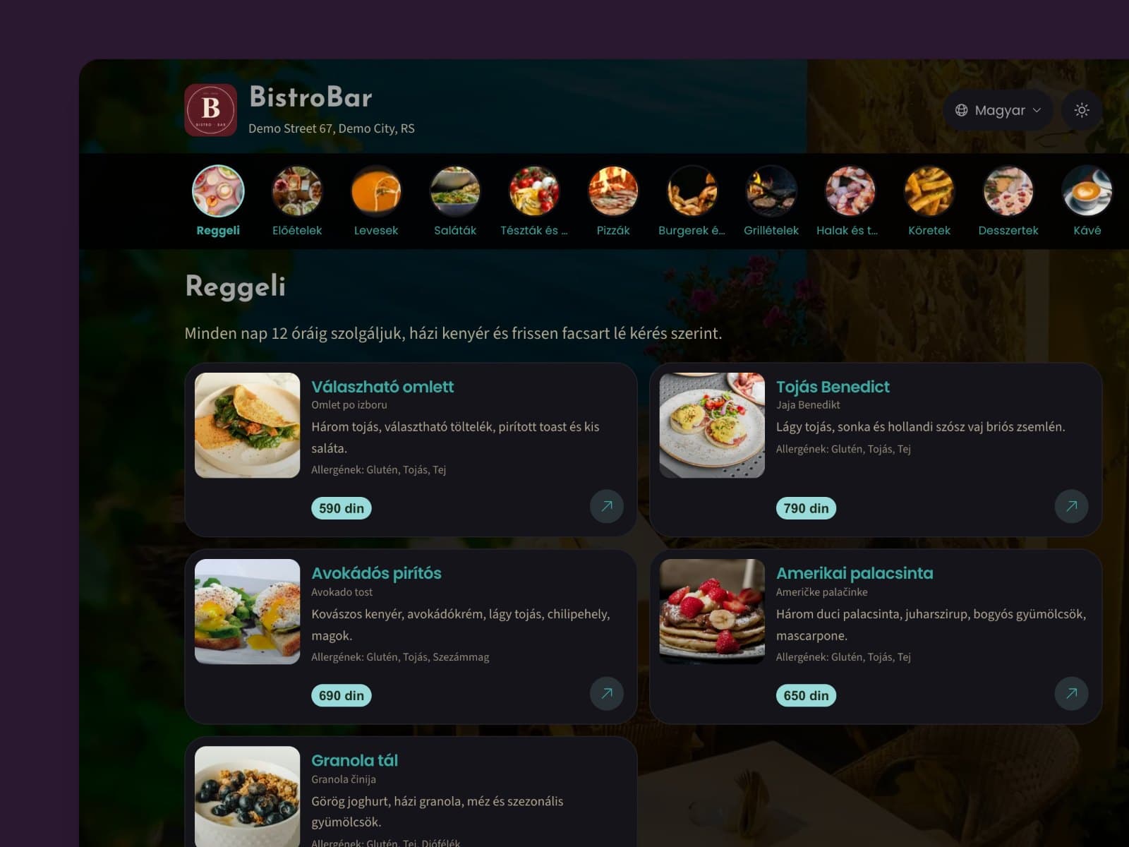 A BistroBar bemutató vendéglátóhely digitális étlapja számítógépen