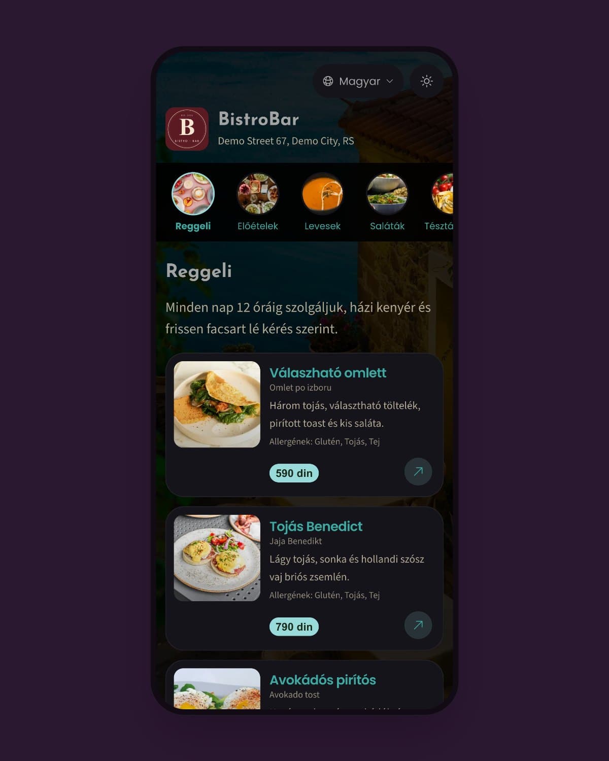 A BistroBar bemutató vendéglátóhely digitális étlapja egy vendég telefonján