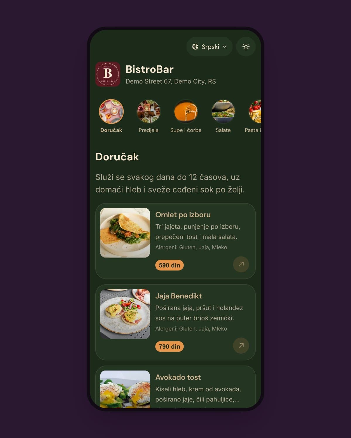 Digitalni meni demo lokala BistroBar na telefonu gosta