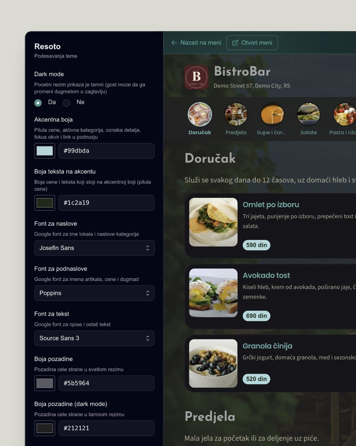 Theme editor: colors and fonts on the left, live menu preview on the right